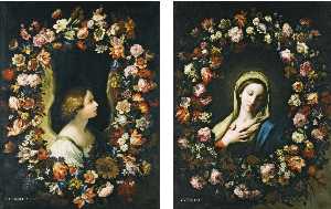 A flower garland surrounding the Angel Gabriel A flower garland surrounding the Virgin Annunciate