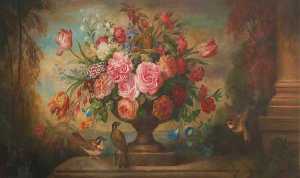 Floral Still Life in an Urn, in a Landscape, with Birds