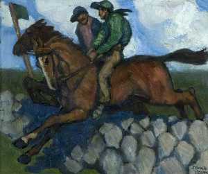 Untitled (Two Jockeys on Horses, Leaping a Stone Wall)