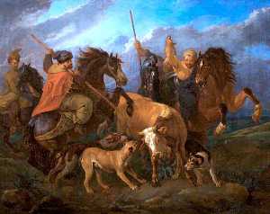 Cavaliers et  chiens  chasse  une  taureau