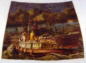 atlantic liner in harbour avec Remorqueur ( peinture murale étudier , Vous . S . maison sur mesure , new york , new york )