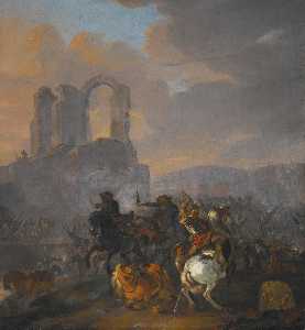 A cavalry scene before a ruin