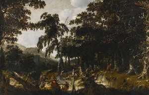 A wooded landscape with travellers and huntsmen on a path