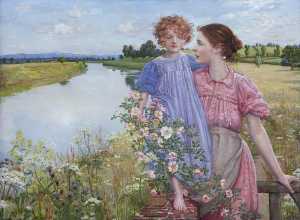 A Mother and Child by a River, with Wild Roses