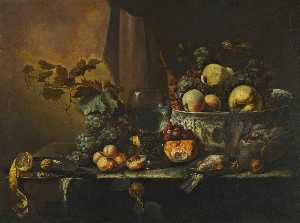 Still life of fruits including peaches, grapes, a pear, and a lemon with assorted game arranged on a table ledge with a roemer and a porcelain bowl