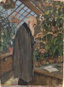 Charles Darwin in the Greenhouse with a Notebook