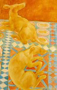 Two Dogs on Rug, Seated