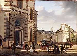 Vue de l'entrée principale du Musée royal, dit aussi L'Entrée du Muséum et les ruines de Saint Louis du Louvre