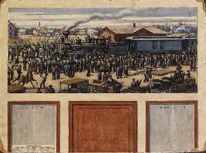 到达 第一 火车 在 赫林顿 1885 ( 壁画 学习 , 赫林顿 , 堪萨斯州 邮政局 )