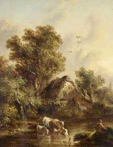 Cows Watering by a Cottage among Trees