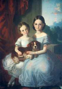 Two Young Girls Holding an English Spaniel Dog, (painting)