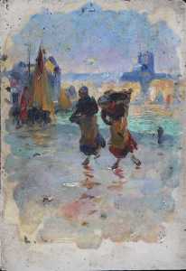 Deux femmes portant du poisson Avant port de Dieppe (au fond de l'église Saint Jacques)