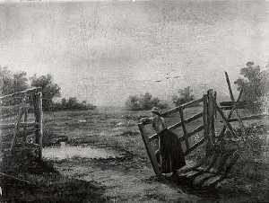 (Landscape with Woman Leaning on Rail Fence), (painting)