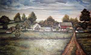 Old Snyder Farm with Bertolet Log Cabin, (painting)