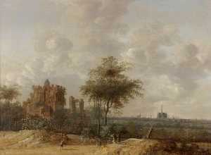 景观带 被毁了 城堡 的 Brederode  和 远景 的 哈勒姆
