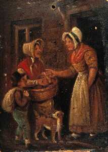 A Woman with a Basket of Fruit, and a Boy, Offer Fruit to a Woman in the Doorway of Her House