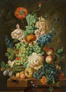 fruta y flores en  Un  canica  mantel