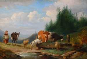 Cows, Sheep and a Goat at a Drinking Trough