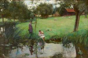 Landscape with Pond, Sheep and Figures