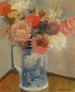 Flowers in a Blue and White Jug