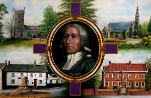 John Wesley (1703–1791) (superimposed on a purple cross, surrounded by four views of Epworth, Lincolnshire)