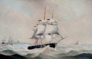 A Fully Rigged Ship in a Choppy Sea off Hartlepool, Tees Valley