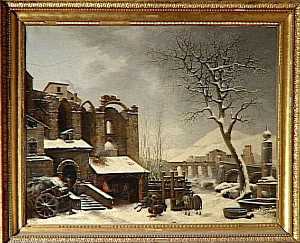Ruines d'une église gothique with onu ponton embarcadère dans le lointain , couverts de neige paysage . Effet de neige ( autre titre )