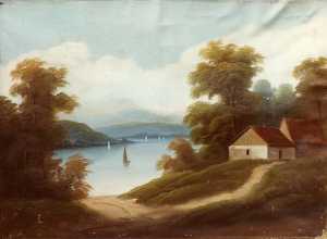 Hudson River Scene with Cabin, (painting)