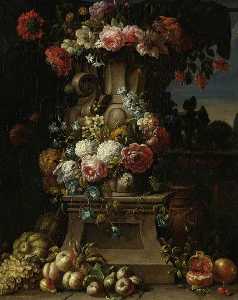 a vaso di fiori con frutta in un paesaggio