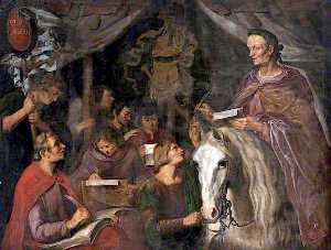 Julius Caesar on Horseback, Writing and Dictating Simultaneously to His Scribes