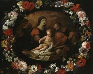 English Holy Family in a Wreath of Flowers