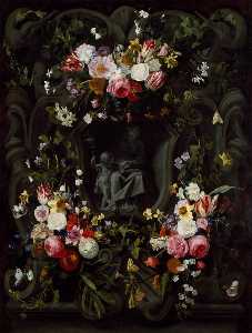 英语 一块石头 涡卷装饰  与 圣母子 , 包围 由 鲜花花环