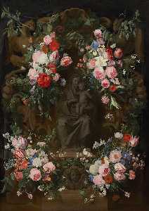 English Garlands of Flowers surrounding a Sitting Madonna