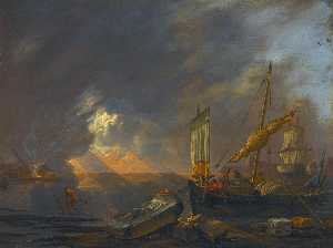 A Mediterranean coast at dawn with a galliot preparing to unload its cargo beside classical architectural fragments, a frigate being caulked beyond