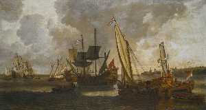 Yachts at anchor, a view of Rotterdam beyond