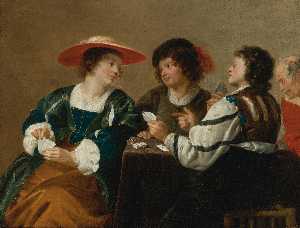 A woman and three men seated around a table playing cards