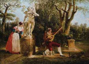 ElÉgante Écoutant un joueur de guitare dans un parc à Rome