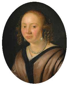 portrait of a lady, head and shoulders, wearing pearl earrings and a necklace