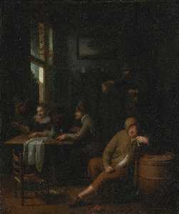 A tavern interior with figures drinking at a table and a man smoking a pipe