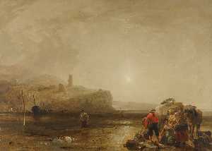 A coastal scene with figures bargaining for fish