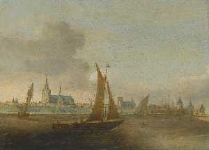 A view of a walled city on an estuary with small vessels in the foreground