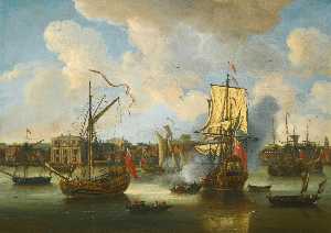 一个 第五 率 风云人物 战争 致敬 一个 金钟 游艇 到达  在 泰晤士  关闭 格林威治 宫 , 与 商人 航运 超越