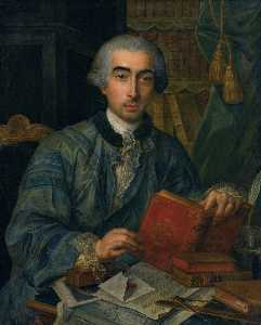 Portrait of a gentleman seated at a desk with books, papers and a sheet of music