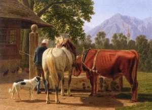 A Horse and Cow at a Well, in the Background Mountain Peak Niesen