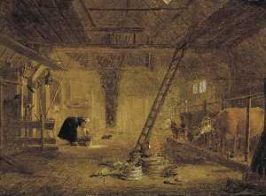 A barn interior with four cows, a milk maid cleaning a pot, and earthenware pots in the foreground