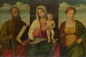 la vergine e il bambino con san Paolo e un female martire