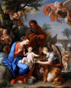 el resto en el vuelo dentro egipto con los ángeles , una ofrenda el cristo Niño el Símbolos de los Pasión