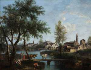 Landscape with Cows Crossing a Bridge near a Town