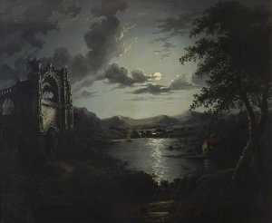 Moonlit Lake, with a Ruined Abbey and a Cottage with an Illuminated Window