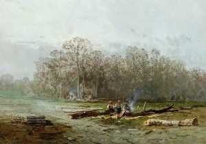 Misty Landscape with Woodcutters around a Fire
